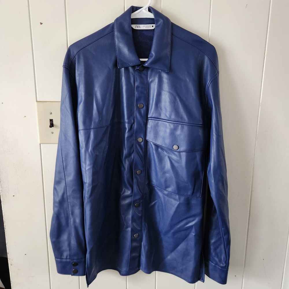 Zara Men's Deep Blue Leather Shirt Jacket Size S